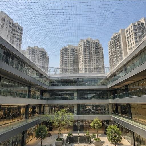 Residential and commercial buildings with professionally fitted protective netting